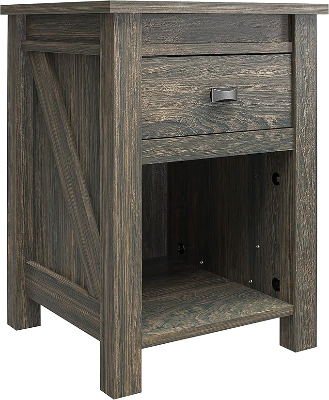 Ameriwood Home Farmington Country Style Nightstand with Barn Door Design, Concealed Drawer and Open Cubby, Weathered Oak
