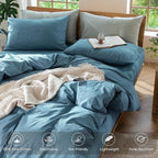 MooMee Bedding Duvet Cover Set 100% Washed Cotton Linen Like Textured Breathable Durable Soft Comfy (Heathered Peacock Blue, Twin 68"x90")