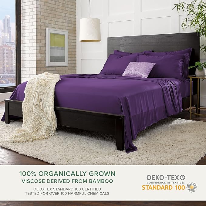 Twin Sheets by Pure Bamboo, Genuine 100% Organic Viscose Derived from Bamboo Bed Sheet Set, Luxuriously Soft & Cooling, Double Stitching, Lifetime Quality Promise (Twin, Purple)