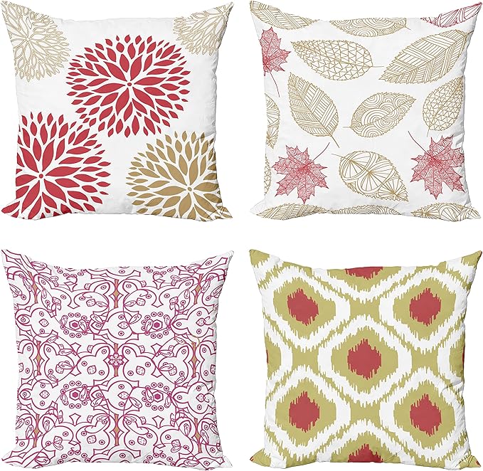 Ambesonne Vintage Throw Pillow Cushion Case Pack of 4, Bohemian Ornamental Leaves Dahlia Pattern Geometric Art Curlicue Motif, Modern Accent Double-Sided Digital Printing, 20", Dark Pink and Camel