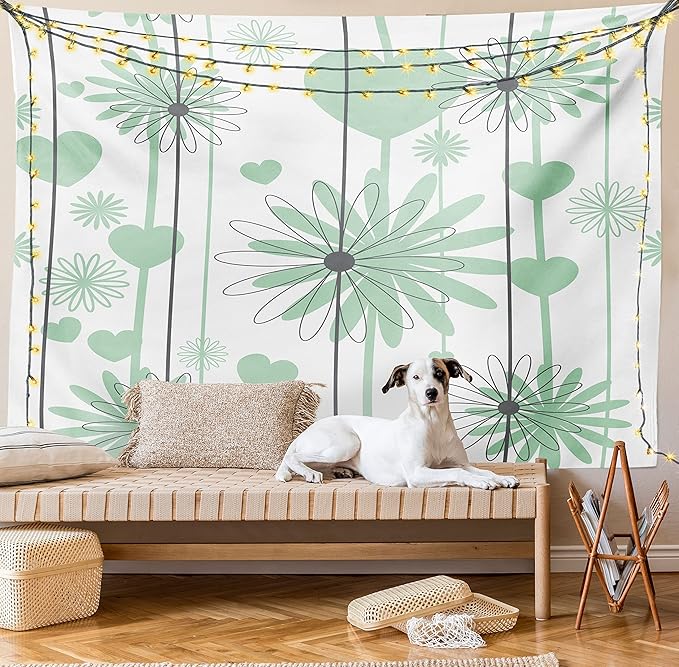 Lunarable Hearts Tapestry, Floral Abstract Striped Background Soft Color Daisies Nature Flourish, Wide Wall Hanging for Bedroom Living Room Dorm, 60" X 40", Mint Green Charcoal Grey