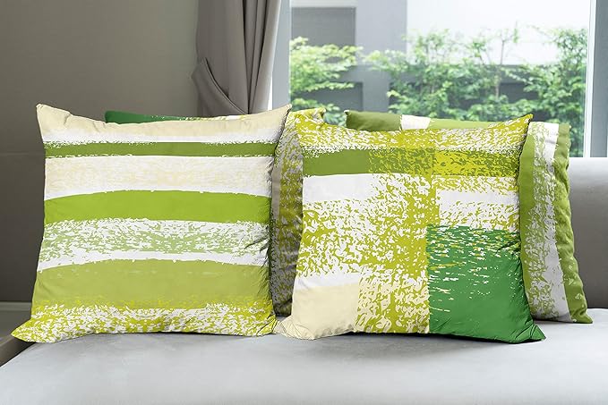 Ambesonne Grunge Throw Pillow Cushion Case Pack of 4, Abstract Design Simplistic Minimal Stripes Brushstrokes Contemporary, Modern Accent Double-Sided Digital Printing, 18", Lime Green Cream and White