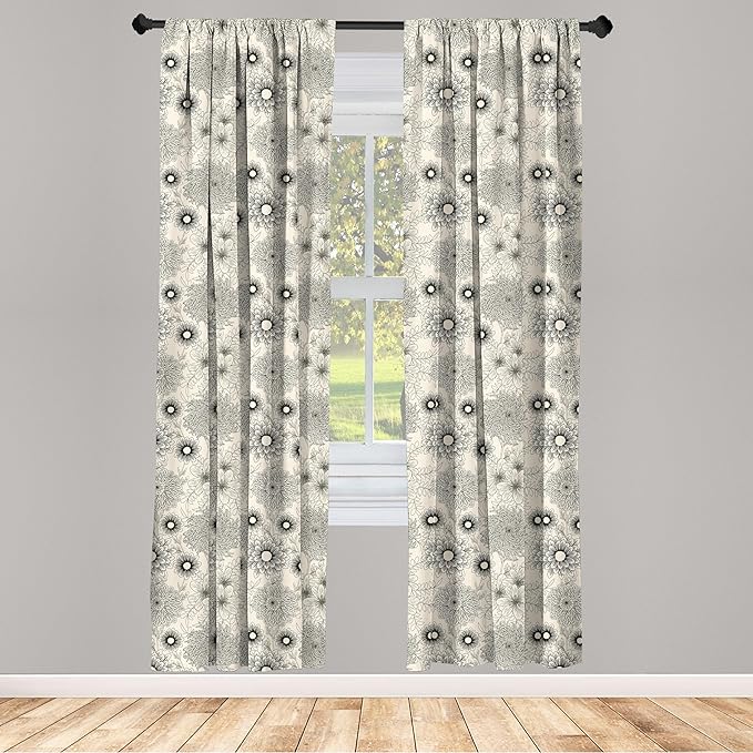 Ambesonne Dahlia Curtains, Vintage Style Garden Flower Sketches of Dahlia and Chrysanthemum Botany Theme, Window Treatments 2 Panel Set for Living Room Bedroom, Pair of - 28" x 63", Beige Black