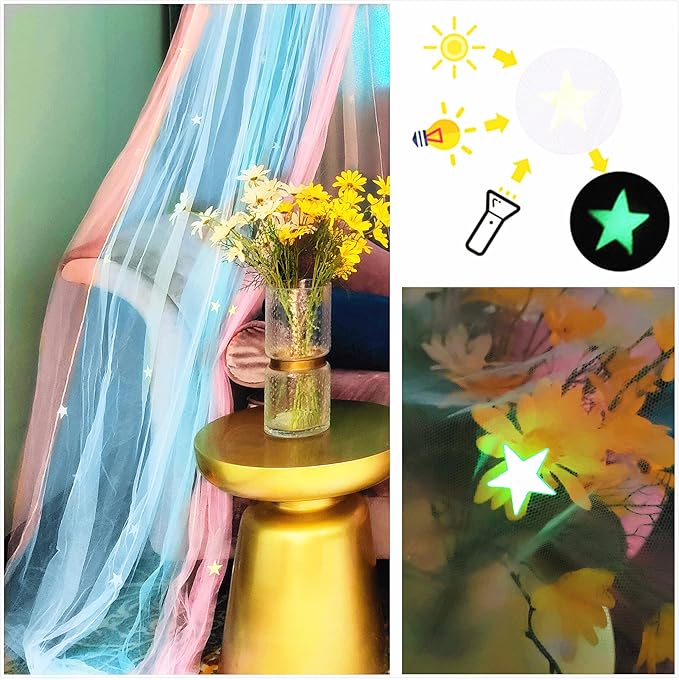 Eimilaly Two-Tone Bed Canopy Stars Glow in The Dark Pink Blue, Mosquito Net Bed Canopy for Girls Room Decor, Single Door