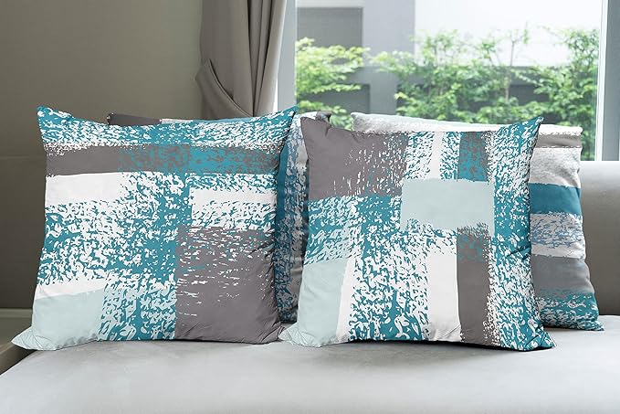 Ambesonne Grunge Throw Pillow Cushion Case Pack of 4, Abstract Design Simplistic Minimal Stripes Brushstrokes Contemporary, Modern Accent Double-Sided Digital Printing, 20", Sea Blue Grey and White