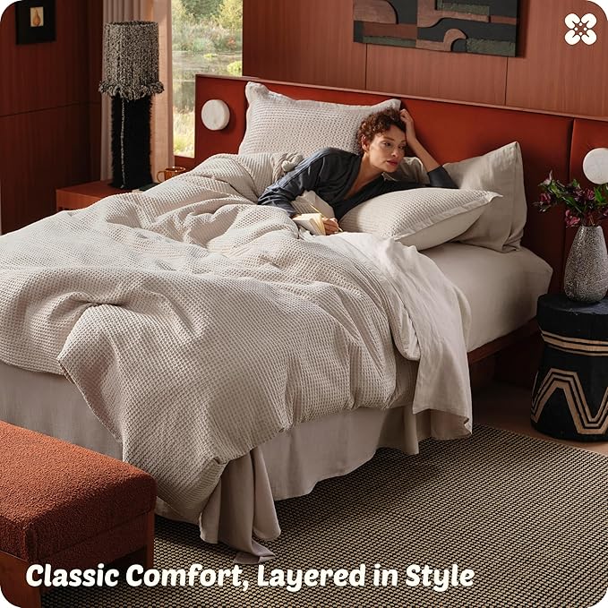 Bedsure Cotton Duvet Cover Set - 100% Cotton Waffle Weave Linen Color Duvet Cover California King Size, GentleSoft™ and Breathable Cal King Bedding Set for All Season, 3 Pieces, 104"x98"