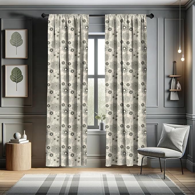 Ambesonne Dahlia Curtains, Vintage Style Garden Flower Sketches of Dahlia and Chrysanthemum Botany Theme, Window Treatments 2 Panel Set for Living Room Bedroom, Pair of - 28" x 63", Beige Black