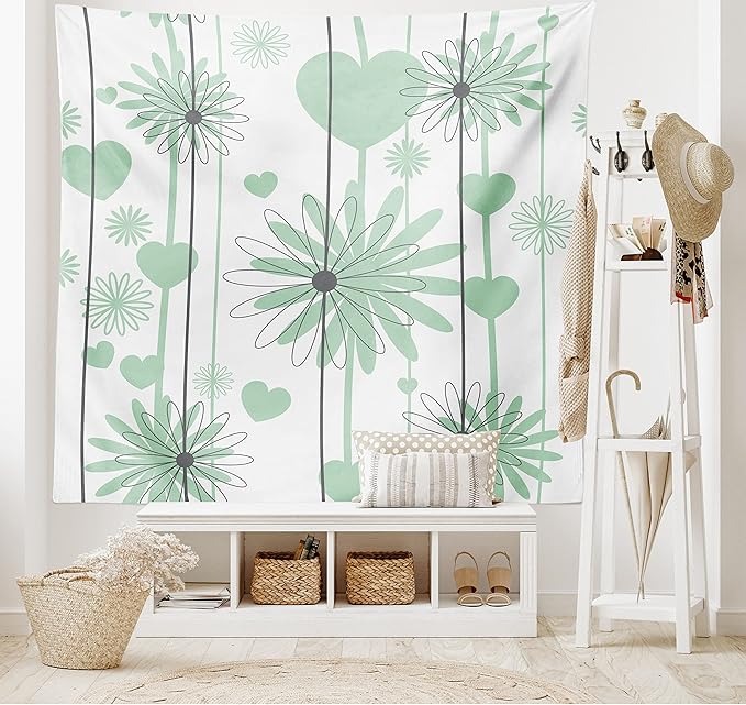 Lunarable Hearts Tapestry, Floral Abstract Striped Background Soft Color Daisies Nature Flourish, Wide Wall Hanging for Bedroom Living Room Dorm, 60" X 40", Mint Green Charcoal Grey