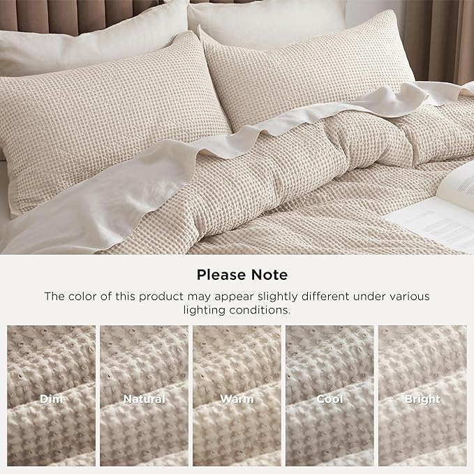 Bedsure Cotton Duvet Cover Set - 100% Cotton Waffle Weave Beige Duvet Cover Oversized Queen Size, GentleSoft™ and Breathable Bedding Set for All Season, 3 Pieces, 98"x98"