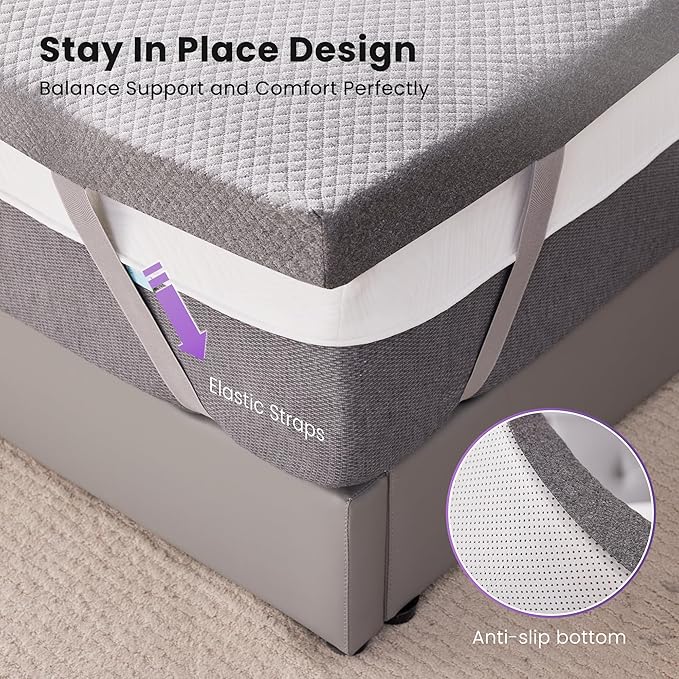 SINWEEK 2 Inch Gel Memory Foam Mattress Topper Twin Size, Ventilated High Density Pad for Back Pain, Bed Topper with Removable Soft Cover, CertiPUR-US Certified,Grey