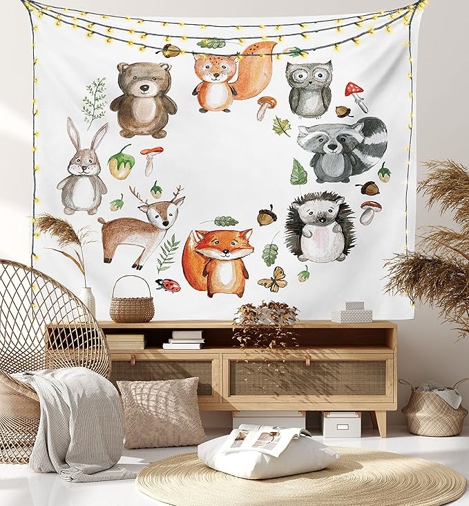 Lunarable Woodland Tapestry, Animals of The Forest Mushrooms Acorns Circular Frame Cartoon Pastel Colors, Wide Wall Hanging for Bedroom Living Room Dorm, 60" X 40", Multicolor