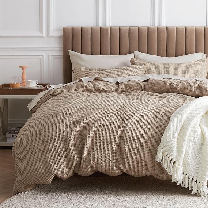 Bedsure Cotton Duvet Cover Twin - 100% Cotton Waffle Weave Khaki Duvet Cover Twin Size, GentleSoft™ and Breathable Tan Bedding Set for All Season, 2 Pieces, 68"x90"