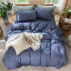MooMee Bedding Duvet Cover Set 100% Washed Cotton Linen Like Textured Breathable Durable Soft Comfy (Heathered Blue, Queen 90"x90")