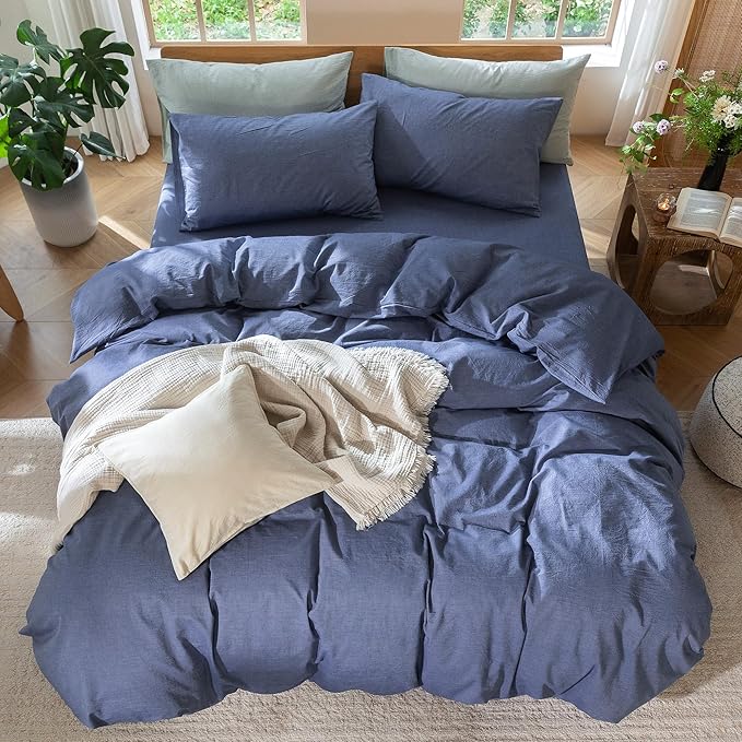 MooMee Bedding Duvet Cover Set 100% Washed Cotton Linen Like Textured Breathable Durable Soft Comfy (Heathered Blue, Cal King 104"x98")