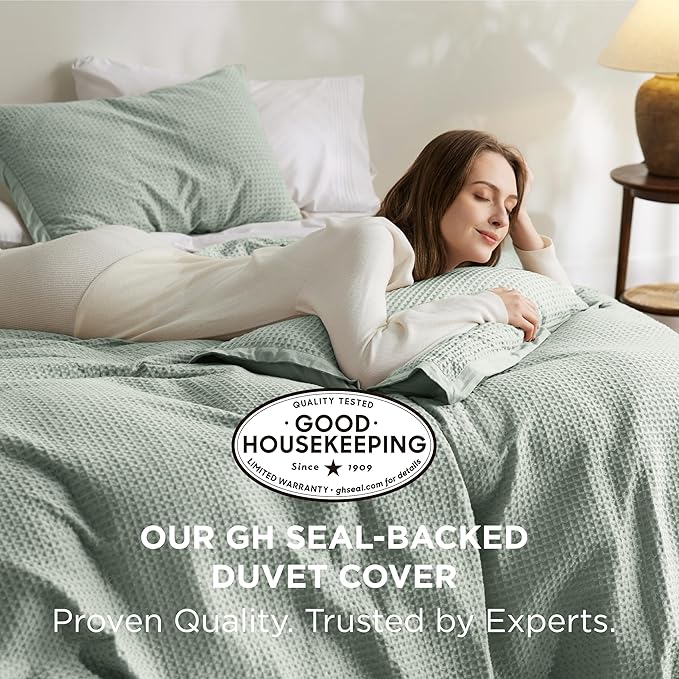 Bedsure Cotton Duvet Cover Queen - 100% Cotton Waffle Weave Sage Green Duvet Cover Queen Size, GentleSoft™ and Breathable Bedding Set for All Season, 3 Pieces, 90"x90"