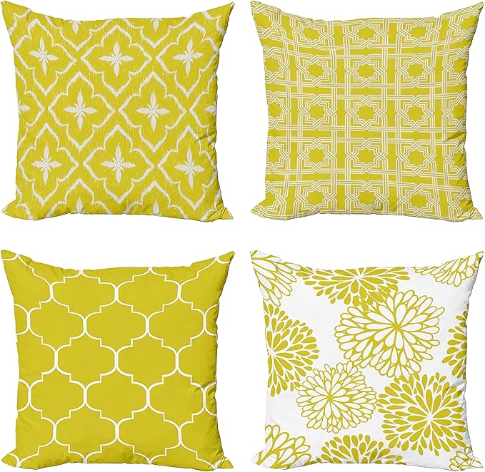 Ambesonne Vintage Throw Pillow Cushion Case Pack of 4, Monochrome Design Grid Trellis Quatrefoil Mesh and Dahlia Flowers Modern Print, Modern Accent Double-Sided Digital Printing, 18", Yellow White