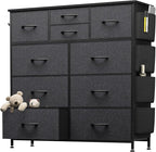 10 Drawer Dresser, Chest of Drawers for Bedroom, Fabric Dresser Drawers with Side Pockets, Hooks, Wooden Top and Sturdy Metal Frame for Living Room, Closet, Hallway, Nursery (Grey)