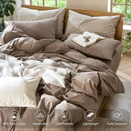 MooMee Bedding Duvet Cover Set 100% Washed Cotton Linen Like Textured Breathable Durable Soft Comfy (Solid Brown, Super Queen 90"x98")