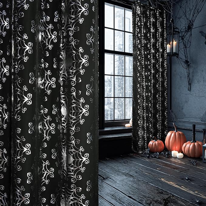 NICETOWN Black Sheer Halloween Curtains with Silver Spider Foil Print, Grommet Flowing Voile Sheer Window Treatment for Gothic Bedroom, W54 x L84, 2 Panels