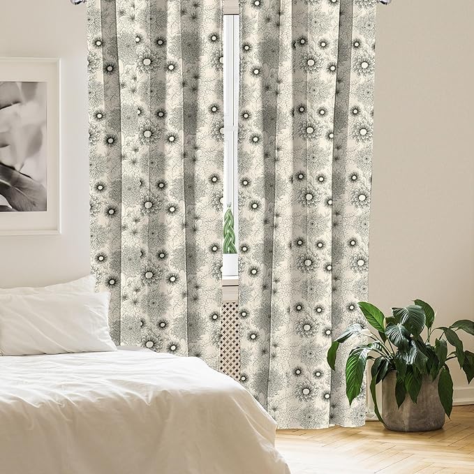 Ambesonne Dahlia Curtains, Vintage Style Garden Flower Sketches of Dahlia and Chrysanthemum Botany Theme, Window Treatments 2 Panel Set for Living Room Bedroom, Pair of - 28" x 95", Beige Black