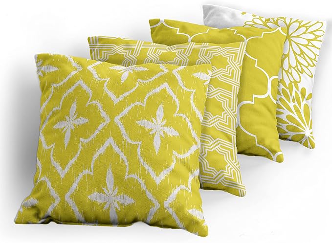 Ambesonne Vintage Throw Pillow Cushion Case Pack of 4, Monochrome Design Grid Trellis Quatrefoil Mesh and Dahlia Flowers Modern Print, Modern Accent Double-Sided Digital Printing, 18", Yellow White