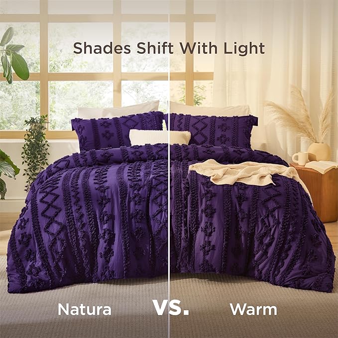 Bedsure Tufted Boho Comforter Set Queen Size - Purple Boho Bed Set, GentleSoft™ 3 Pieces Farmhouse Shabby Chic Embroidery Bedding, Gifts for Woman, Soft Jacquard Queen Comforter for All Seasons