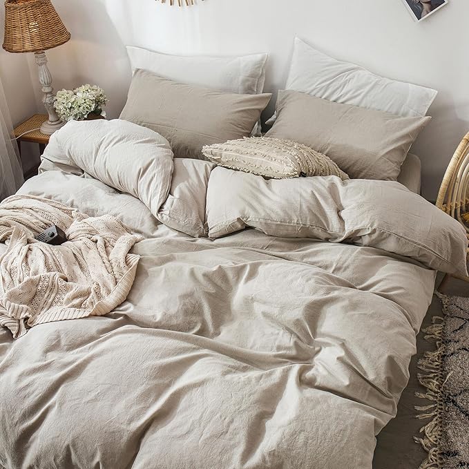 MooMee Bedding Duvet Cover Set 100% Washed Cotton Linen Like Textured Breathable Durable Soft Comfy (Heathered Tannish Linen Grey, Oversized King Plus 128"x120")