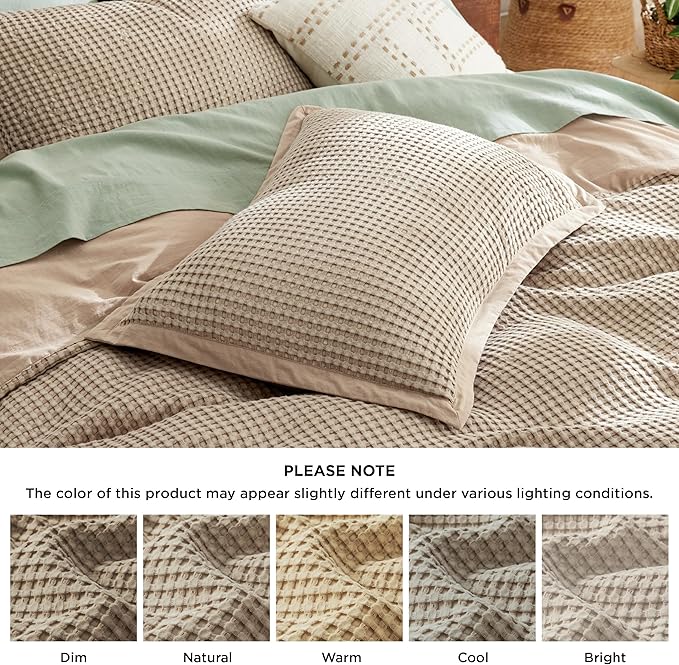 Bedsure Cooling Waffle Duvet Cover Queen - Cotton Blend Rayon Derived from Bamboo Duvet Cover Set for Hot Sleepers, Breathable Bedding Set with a Vintage Charm, 3 Pieces (Taupe, Queen, 90"x90")