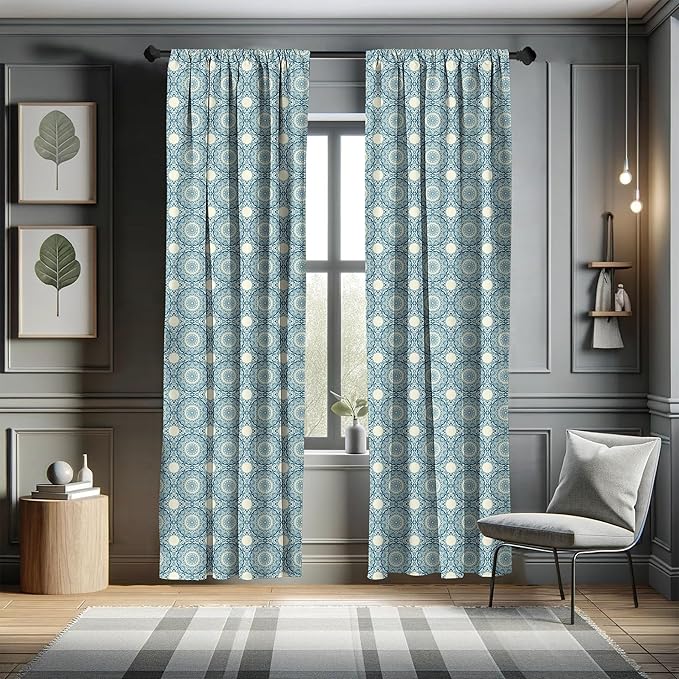 Ambesonne Circle Pattern Window Curtains, Wavy Bold Strokes Style Ornate Mandala Like Symmetrical Motif, Lightweight Decor 2-Panel Set with Rod Pocket, Pair of - 28" x 63", Petrol Blue Cream