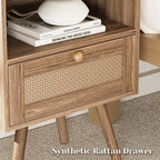 SUPERJARE Nightstands Set of 2, Night Stands with Charging Station & PE Rattan Decor Drawer, Bed Side Tables with Solid Wood Feet, End Table, for Bedroom, Living Room, Walnut