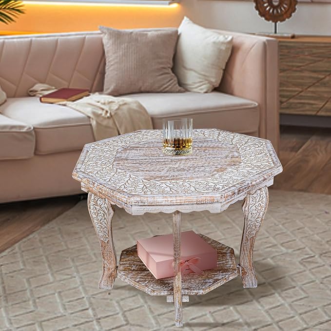 Hand Carved Wooden Octagon Coffee Table, 24"x24"x18" White wash Farmhouse Accent End Table, Rustic Foldable Side Table Nightstand for Bedroom, Dining Room & Living Room