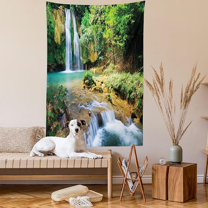Lunarable Nature Tapestry King Size, Green Forest Waterfall and River Pool Pond Water Source Earth Landscape, Wall Hanging Bedspread Bed Cover Wall Decor, 30" X 45", Pale Brown and Green