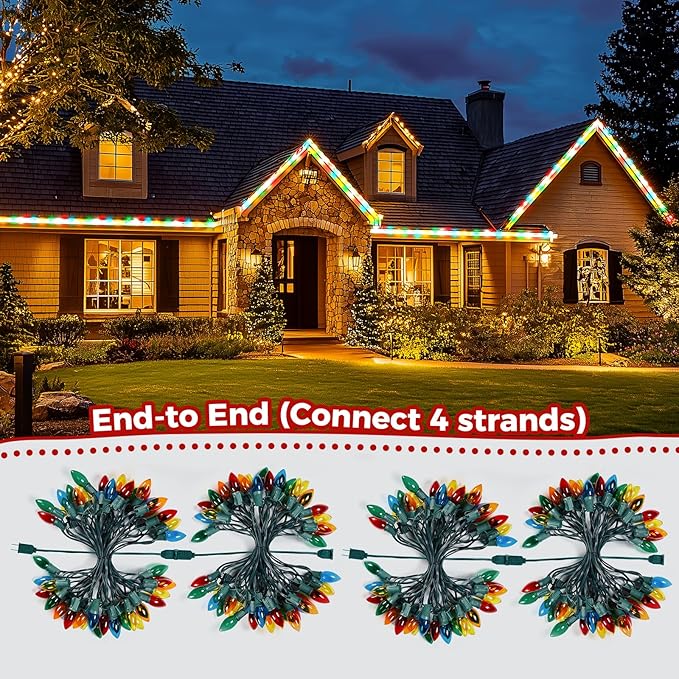 25 Feet C9 Bulb String Lights Outdoor Multicolored Christmas Lights Green Wire for Outdoor Patio Room Party Backyard Decoration, 25 Bulbs