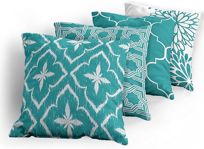 Ambesonne Vintage Throw Pillow Cushion Case Pack of 4, Monochrome Design Grid Trellis Quatrefoil Mesh and Dahlia Flowers Modern Print, Modern Accent Double-Sided Digital Printing, 20", Teal and White