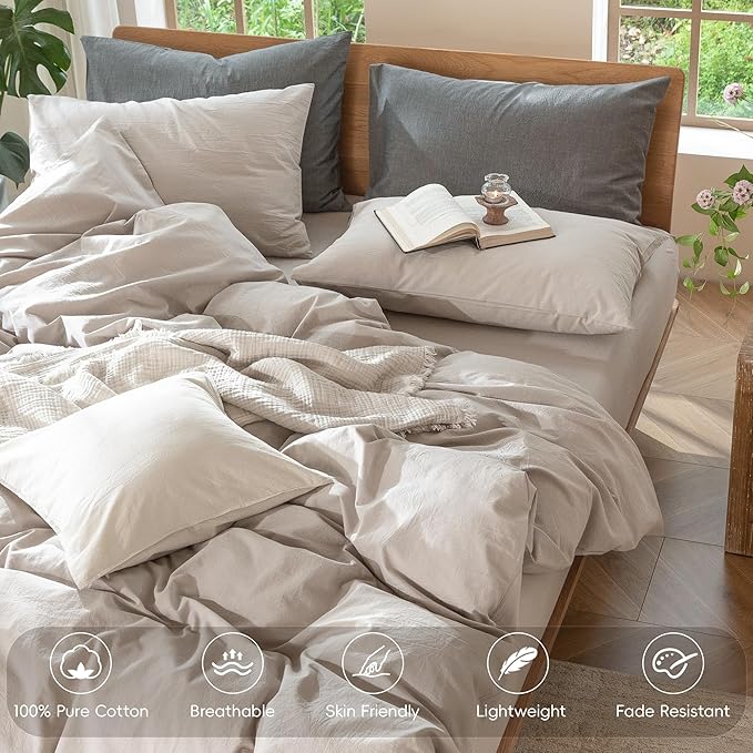 MooMee Bedding Duvet Cover Set 100% Washed Cotton Linen Like Textured Breathable Durable Soft Comfy (Solid Light Tan, Full 80"x90")