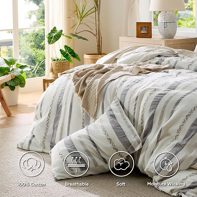 Bedsure Waffle Weave Duvet Cover King - 100% Cotton Boho Duvet Cover with 2 Pillowcases - Cream White Textured Comforter Cover with Zipper Closure (King, 104"x90")