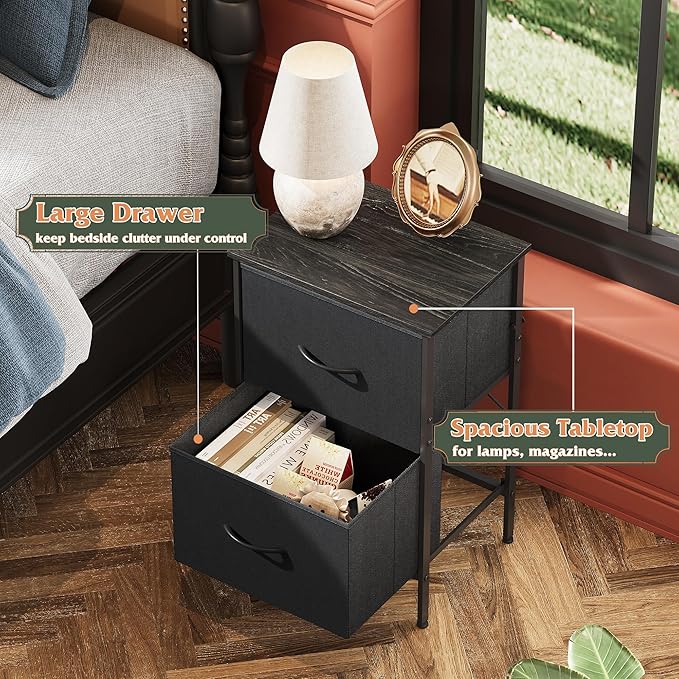 WLIVE Nightstand Set of 2, 2 Drawer Dresser for Bedroom, Small Dresser with 2 Drawers, Bedside Furniture, Night Stand, End Table with Fabric Bins for Bedroom, Dorm, Charcoal Black, Size L