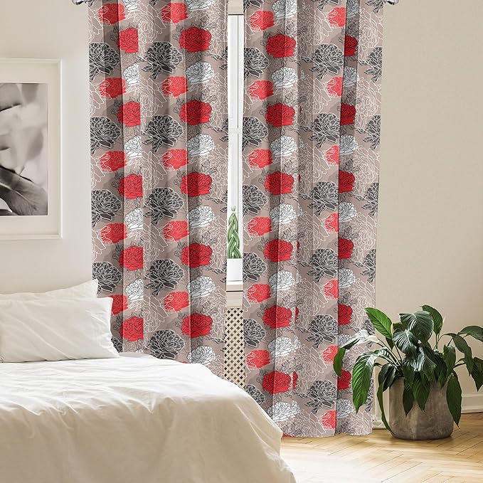Ambesonne Floral Curtains, Blossoming Peonies Vintage Botanical Composition Abstract Petals and Buds, Window Treatments 2 Panel Set for Living Room Bedroom, Pair of - 28" x 63", Red Grey