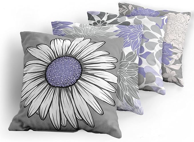 Ambesonne Floral Throw Pillow Cushion Case Pack of 4, Flower Petals Modern Color Palette Chamomile Peony Dahlia and Sunflower Print, Modern Accent Double-Sided Digital Printing, 20", Lavender and Grey