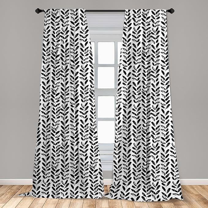 Ambesonne Black and White Window Curtains, Modern Grunge Botany Motif Monochrome Brush Paint Style Strokes, Lightweight Decor 2-Panel Set with Rod Pocket, Pair of - 28" x 84", White and Black