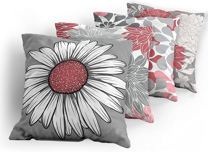 Ambesonne Floral Throw Pillow Cushion Case Pack of 4, Flower Petals Modern Color Palette Chamomile Peony Dahlia and Sunflower Print, Modern Accent Double-Sided Digital Printing, 16", Dark Coral Grey