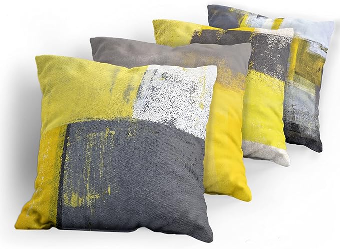 Ambesonne Modern Throw Pillow Cushion Case Pack of 4, Abstract Grunge Themed Geometric Squares with Paintbrush Stroke Effect Ornament, Modern Accent Double-Sided Digital Printing, 16", Yellow Grey