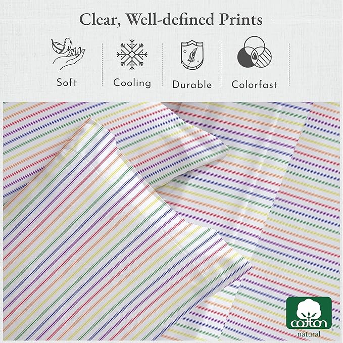 California Design Den Deep Pocket Twin Sheets Set - 400 Thread Count Sateen, Natural 100% Cotton Sheets, Cooling and Durable Bedding Set - Rainbow Striped