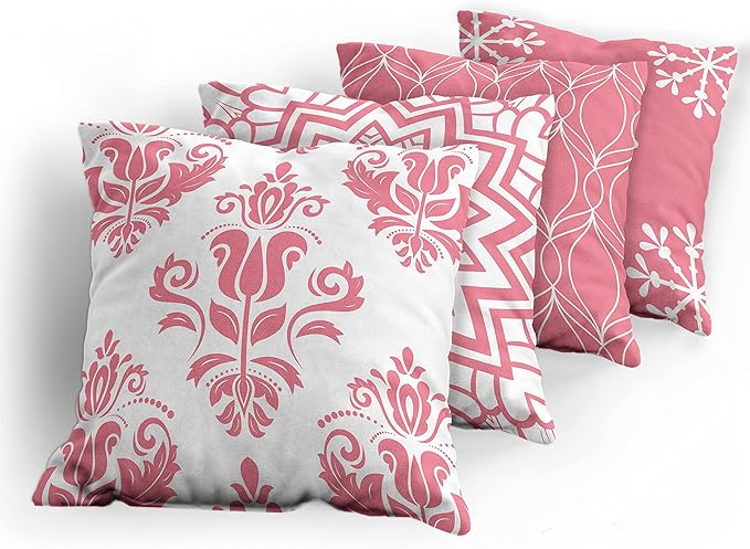 Ambesonne Retro Throw Pillow Cushion Case Pack of 4, Trellis Grid Medieval Floral Damask Mandala Flower Ornament in Modern Monochrome, Modern Accent Double-Sided Digital Printing, 24", Pastel Pink
