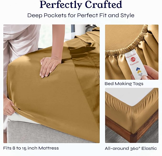 California Design Den Twin Sheets Set - Soft 400 Thread Count Sateen, Natural 100% Cotton Sheets with Deep Pockets, Cooling and Durable Bedding Set - Golden Mustard