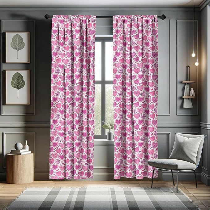 Ambesonne Valentines Window Curtains, Romantic Heart Shapes with Many Different Designs Polka Dots Crossed Lines, Lightweight Decorative Panels Set of 2 with Rod Pocket, 56" x 95", Pink White
