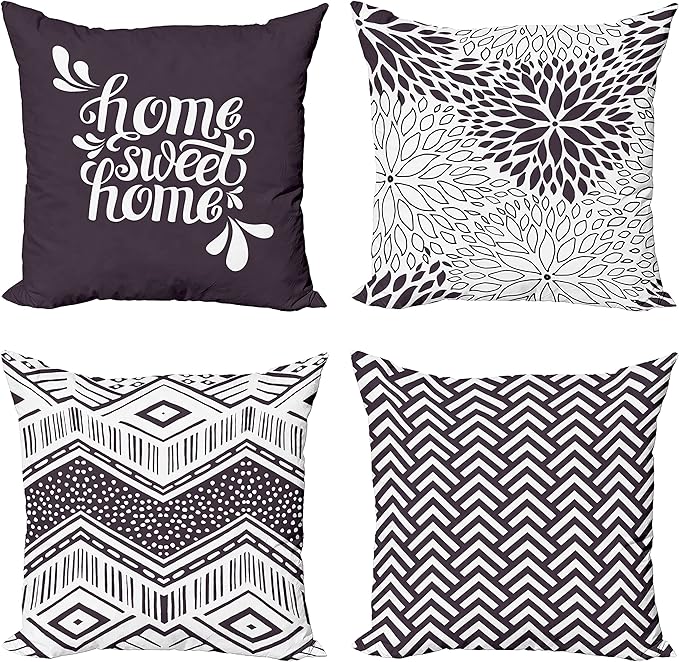 Ambesonne Geometric Throw Pillow Cushion Case Pack of 4, Home Phrase Minimal Zigzag Squama Dahlia Flower Petals Chevron Tribal, Modern Accent Double-Sided Digital Printing, 24", Dark Mauve and White