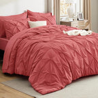 Bedsure Twin Comforter Set Coral Red - Bed in a Bag Twin Size Bedding 5 Pieces, GentleSoft™ Pintuck Bed Set Gift for Family, Pinch Pleat Coral Red Comforter with Sheets, Pillowcase & Sham