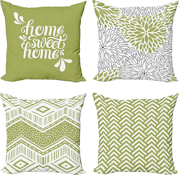 Ambesonne Geometric Throw Pillow Cushion Case Pack of 4, Home Phrase Minimal Zigzag Squama Dahlia Flower Petals Chevron Tribal, Modern Accent Double-Sided Digital Printing, 16", Green and White