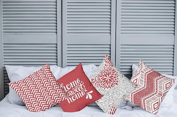 Ambesonne Geometric Throw Pillow Cushion Case Pack of 4, Home Phrase Minimal Zigzag Squama Dahlia Flower Petals Chevron Tribal, Modern Accent Double-Sided Digital Printing, 20", Dark Coral and White
